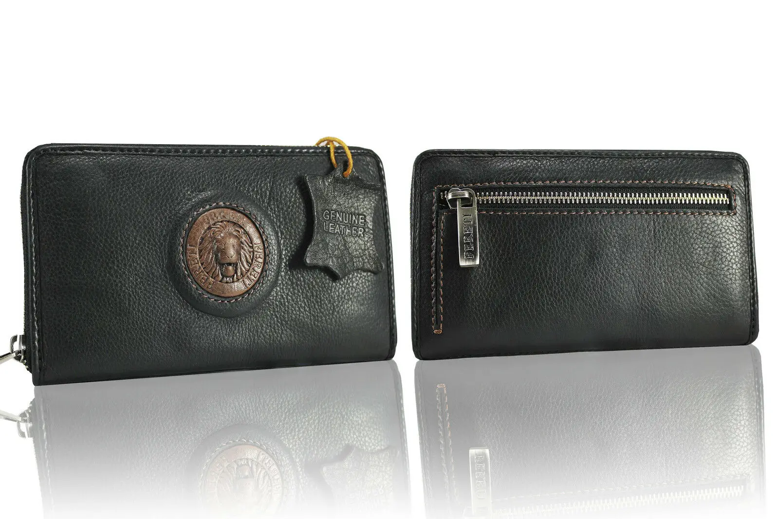 Двухцветный длинный коричневый кошелек из натуральной кожи черный на молнии с