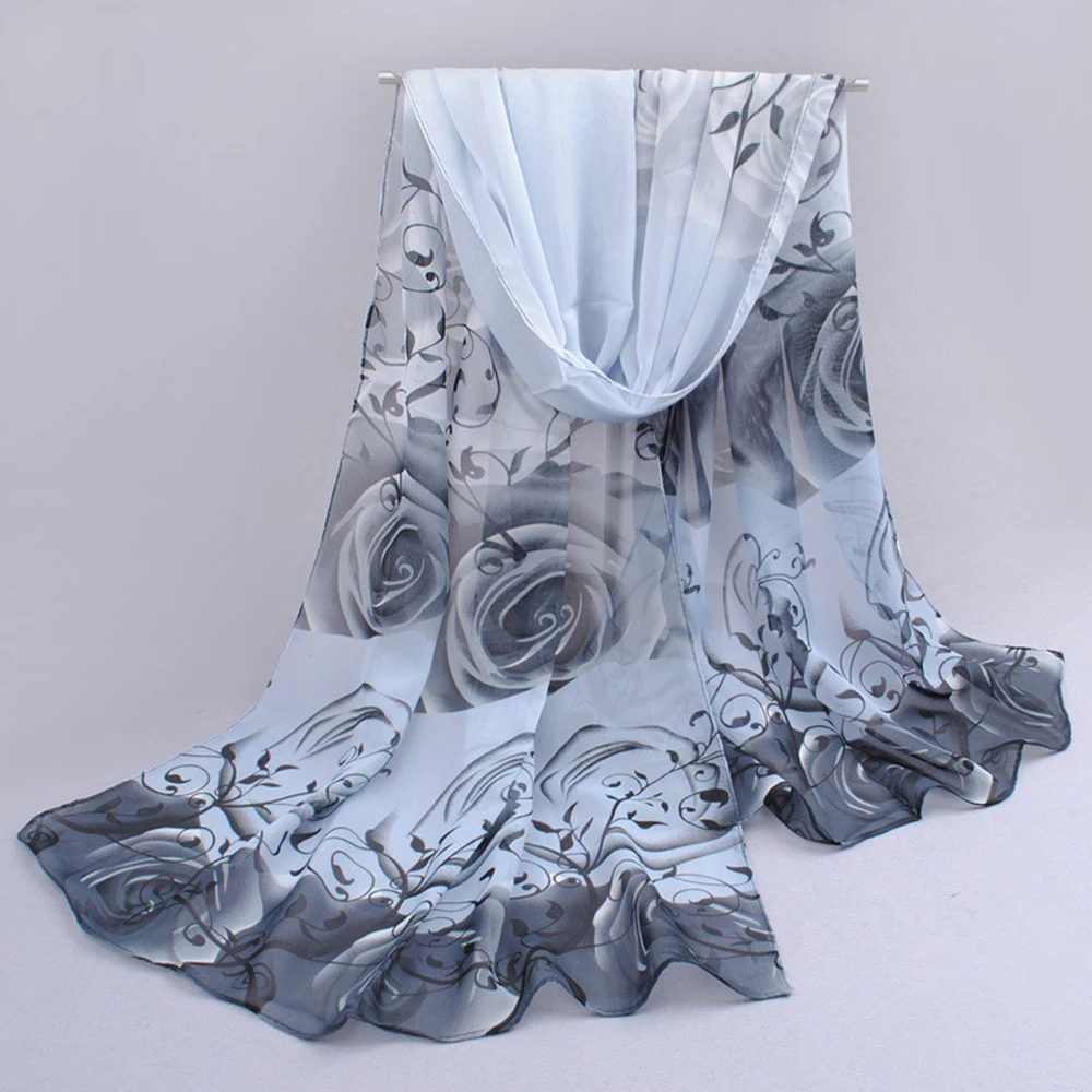

Women's Fashion Rose Flower Printed Long Chiffon Shawl Turban Arabic Scarf Wrap