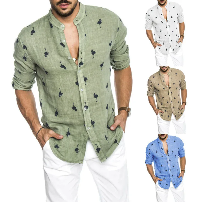 

QIWN 2021 Summer Explosion Models Fashion Men's Long-sleeved Flamingo Print Linen Casual Shirt Men's Top Men Clothing