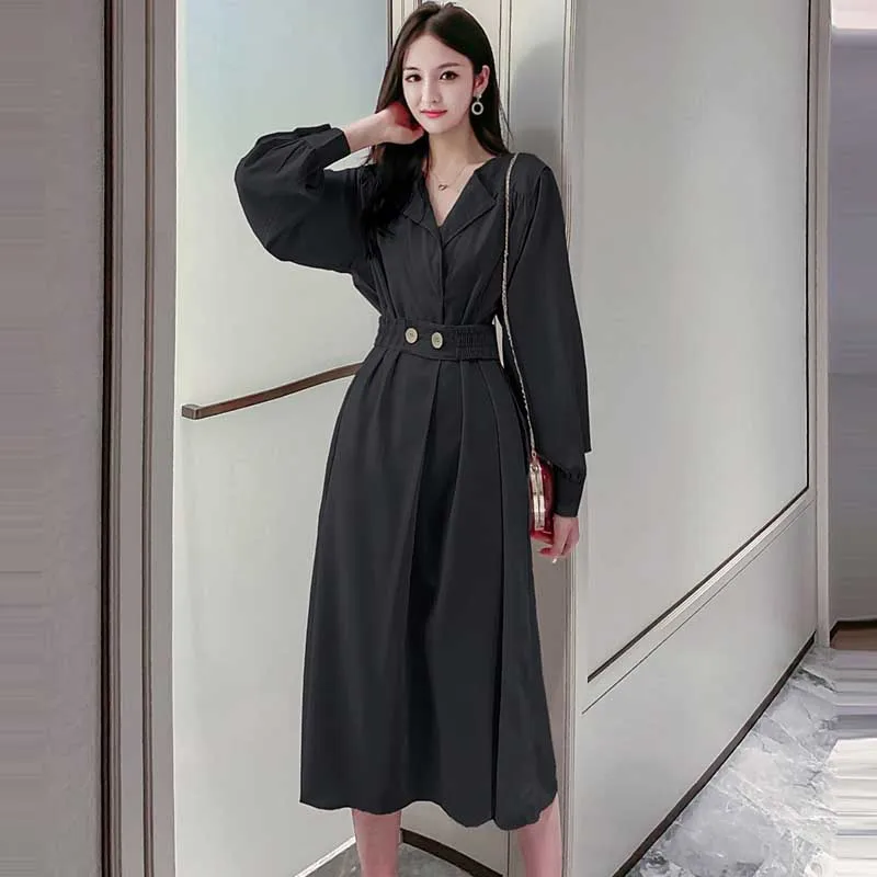 Nuevo 2021 primavera y otoño de las mujeres Slim Vestido de manga larga Vintage camisa elegante Oficina vestidos de una pieza de moda coreana vestido