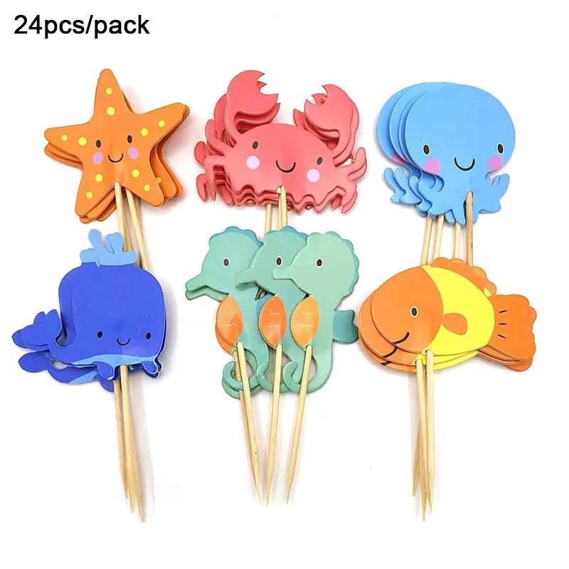 24pcs/pack Baby 1st Birthday Cake Toppers With Wooden Stick Fish Sea Star Crab Shape Baby Shower Cake Decoration Party Supplies