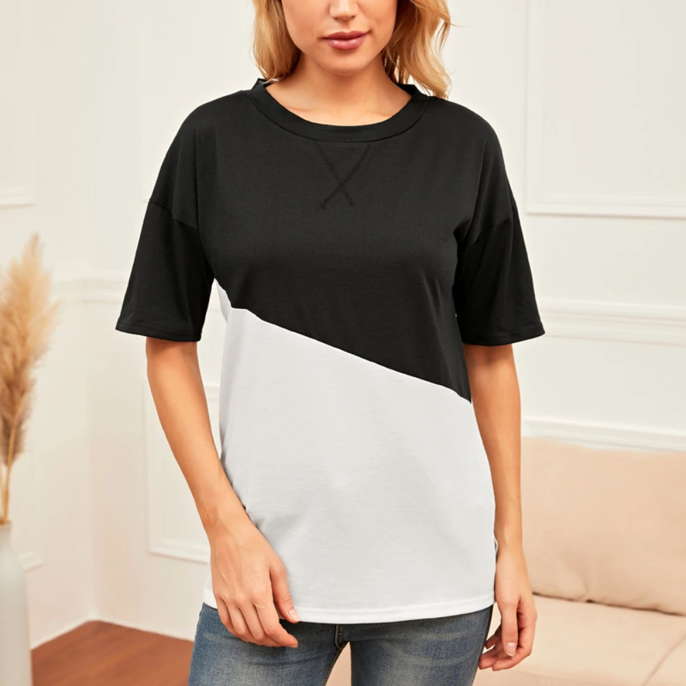 

Woman tshirts New Black white Patchwork Oversized t shirt Casual Tops women 2021 O-Neck Plus Size S-2XL Female Aesthetic Clothes