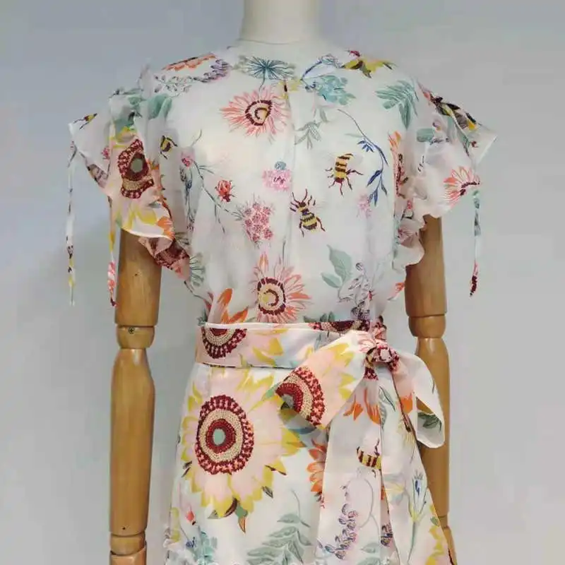 

DEAT 2021 New Summer Fashion Women Clothes Round Neck Flying Sleeves Printed Short Top And Long Halfbody Skirt Set WS70600L
