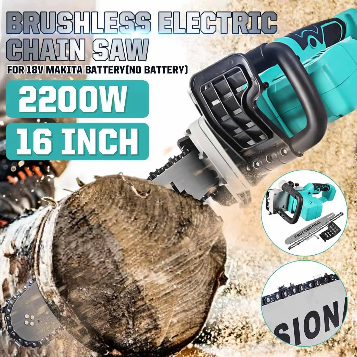 

2200W 16 Inch Mini Electric Saw Chainsaw Garden Tree Logging Saw Woodworking Tools Wood Cutters For 18v/21V Makita Battery
