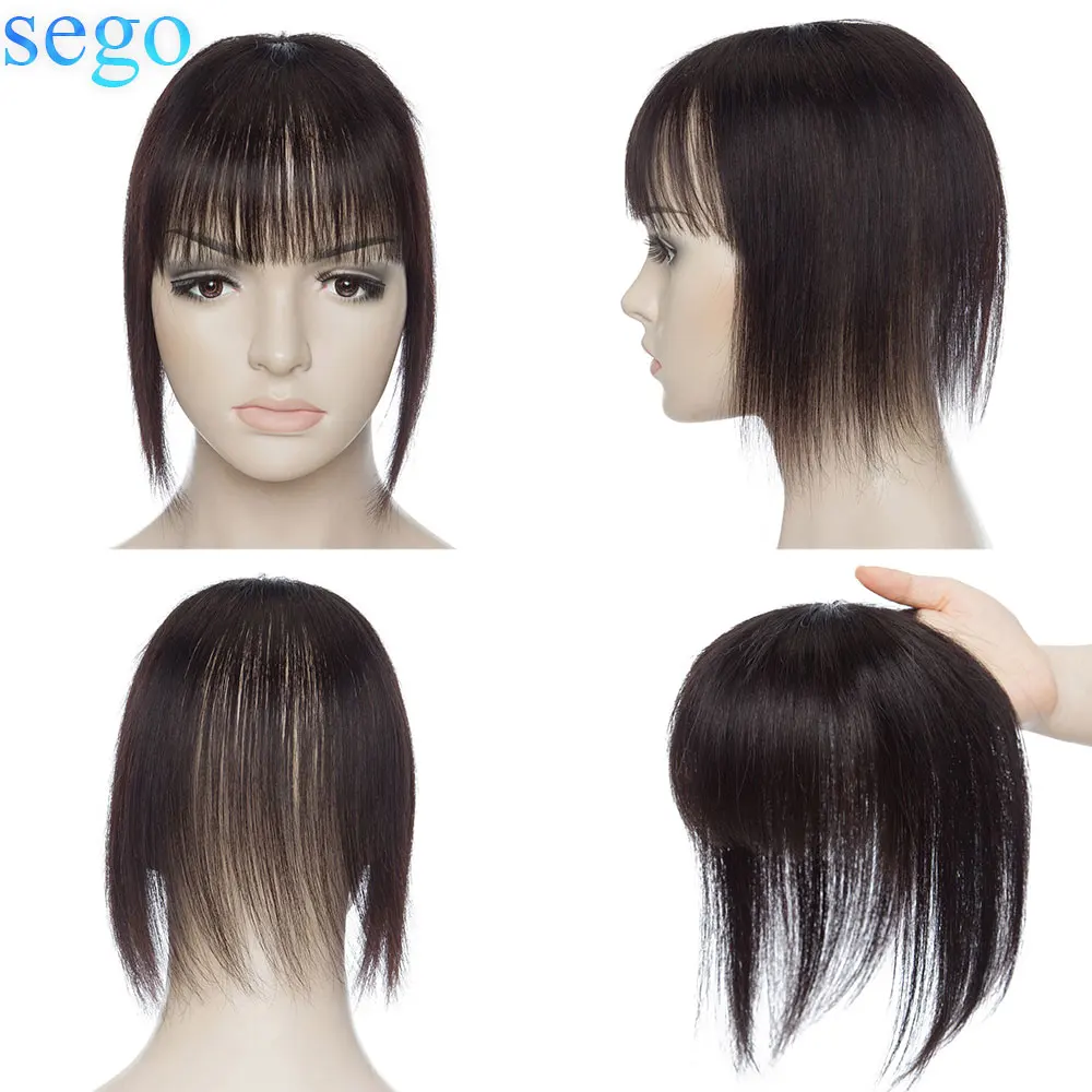 

SEGO 10''-20'' 8.5x8.5cm Small Human Hair Topper Remy Natural Hairpieces with Bangs for Women Small Toupee Bang 3 Clips ins