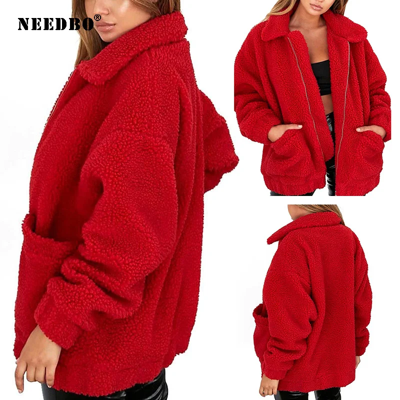 NEEDBO Woman Winter Coat Oversize Fleece Solid Warm Winter Jacket Women Female Coat Outwear Turn Down Collar Woman Jacket Parka