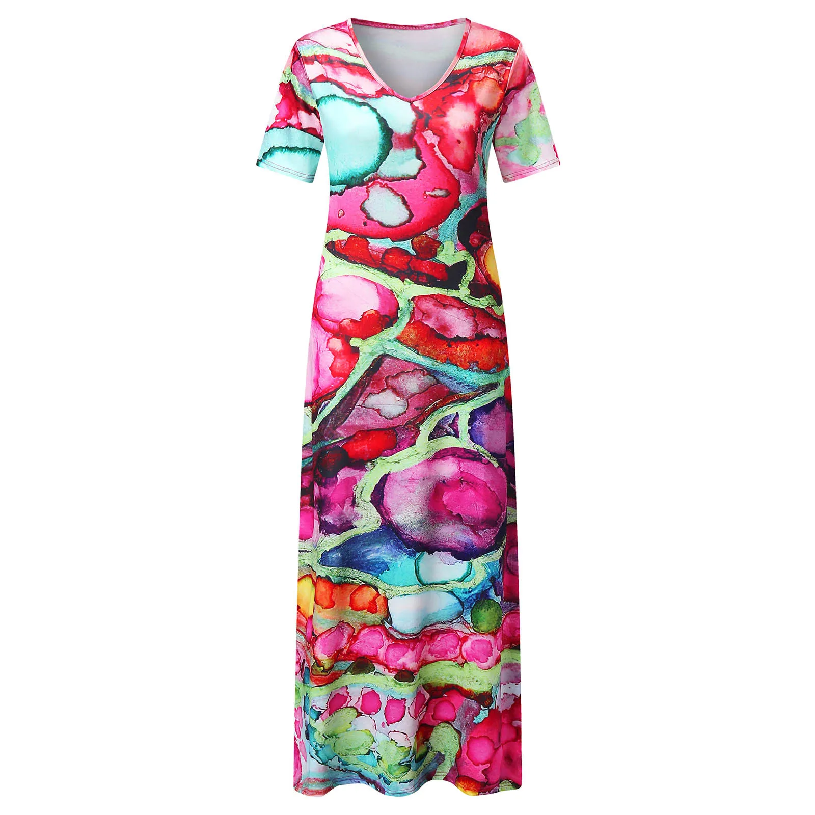 

40# Floral Printed Bohemian Dress Women Short Sleeve Causal Long Dress Summer V Neck Short Sleeve Maxi Dress Holiday Robe Femme