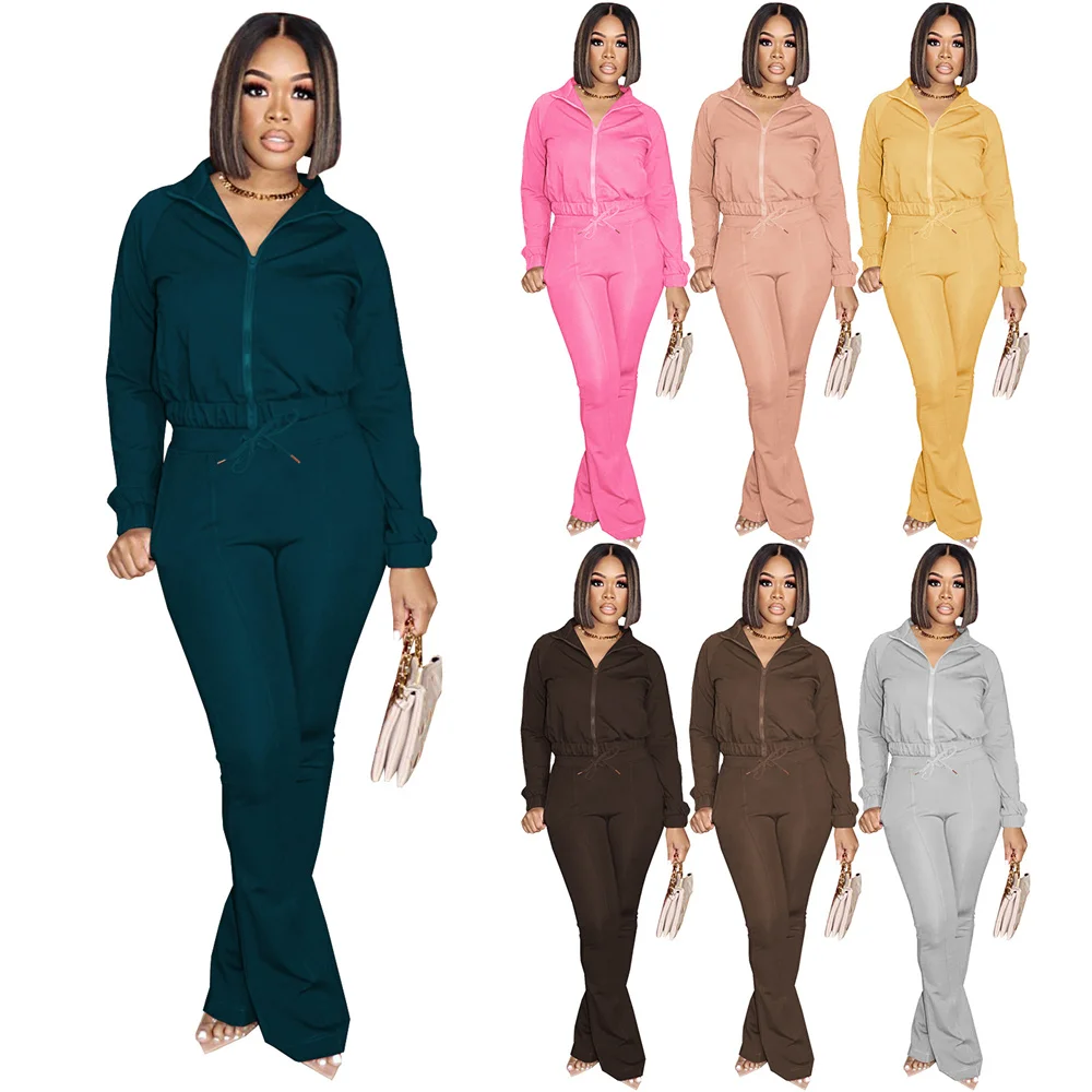 

Casual Two Piece Set Zip Up Bandage Top Sweatpants Tracksuit Women Fashion Street Matching Outfits