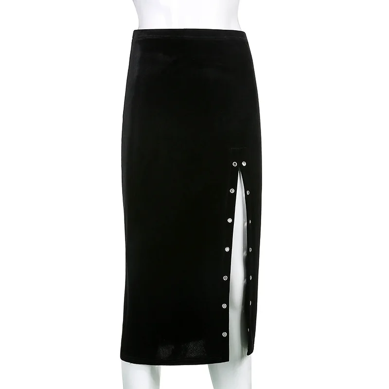 

DeRuiLaDy High Waist Split Sexy Skirt For Women Casual Slim Black Corn Design Jupe Female Fashion Elegant Ladies Velvet Skirts