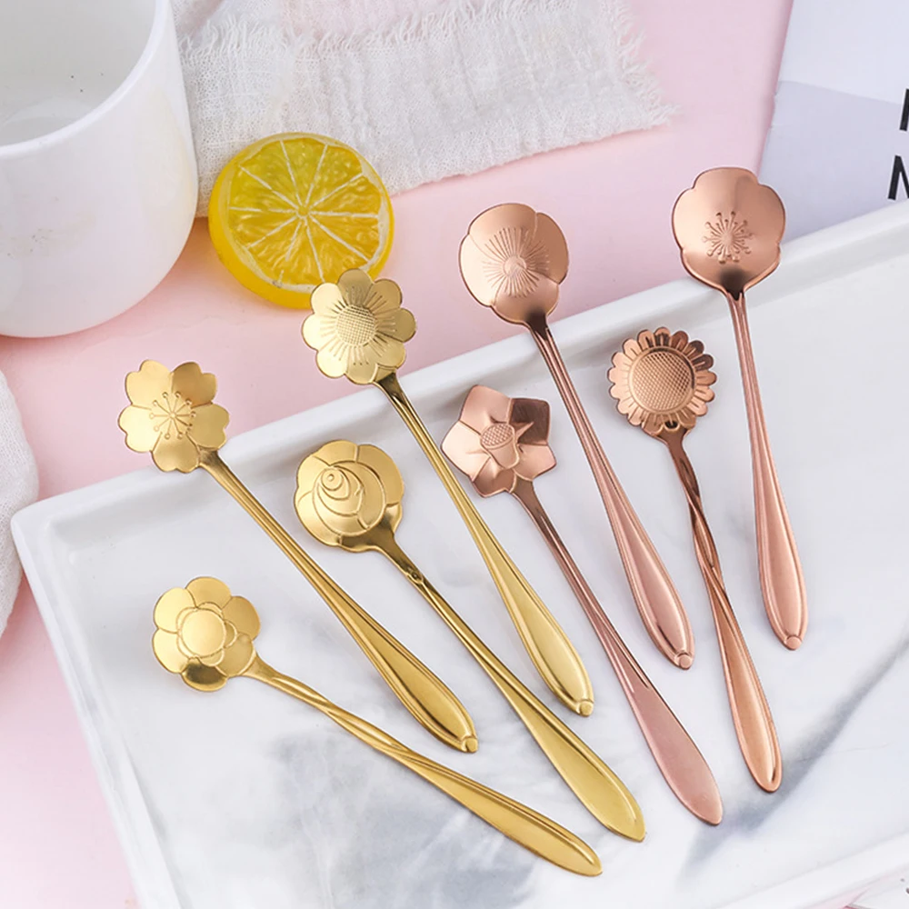 8PCs/ Set Cherry Blossoms Stainless Steel Tea Coffee Spoon Teaspoons Ice Cream Sugar Flatware Gold Kitchen Tableware | Дом и сад