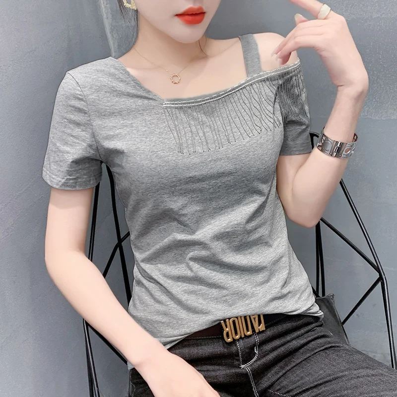 #7221 летняя черная белая серая Асимметричная футболка с воротником и коротким