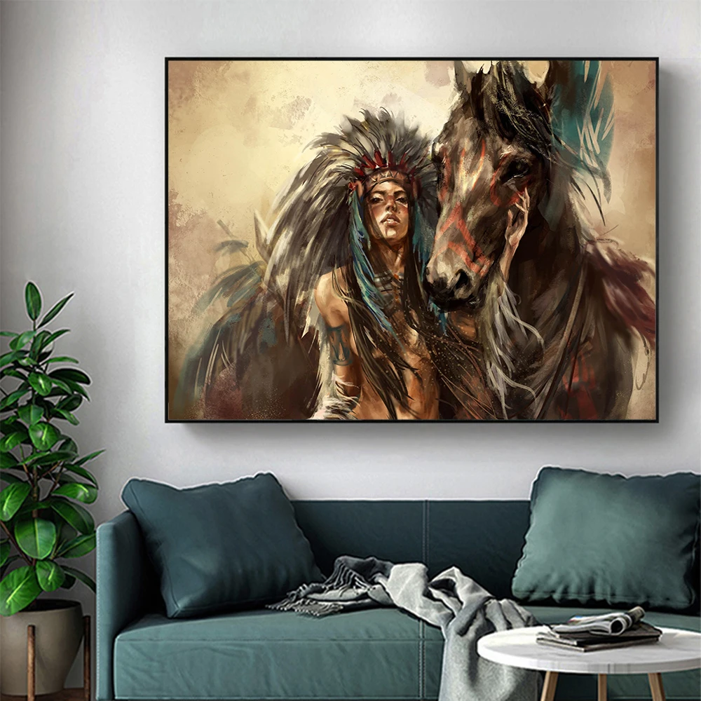 HDARTISAN Настенная картина на холсте Девушка индийская фигурка перьями для гостиной