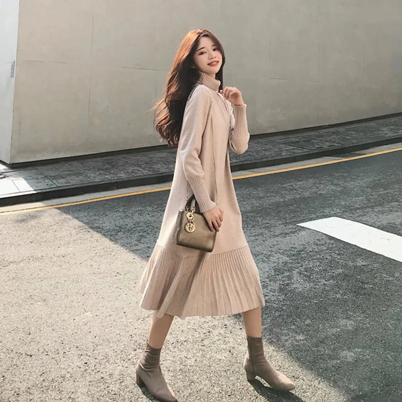 

2021 Vintage Sweater Dress Women Casual Party Fashion Long Dress Winter Autumn Pink Office Lady Korean Midi Sexy Knitted Dresses