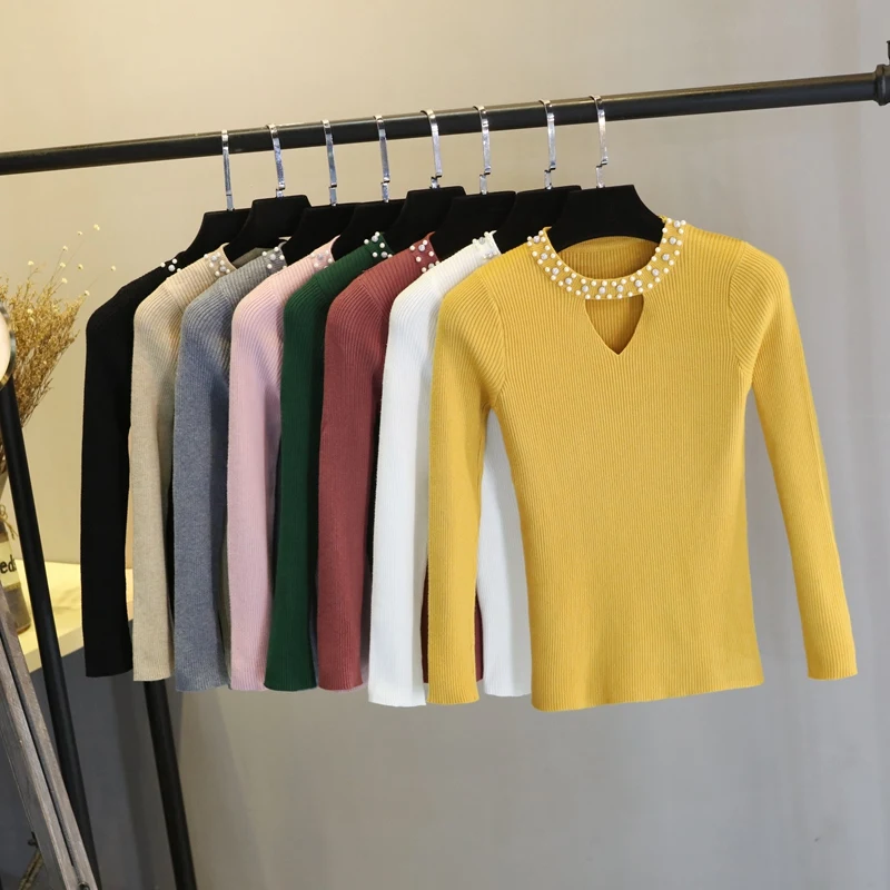 2019 жемчуг v-образным вырезом желтый женский свитер весенний тонкий пуловер