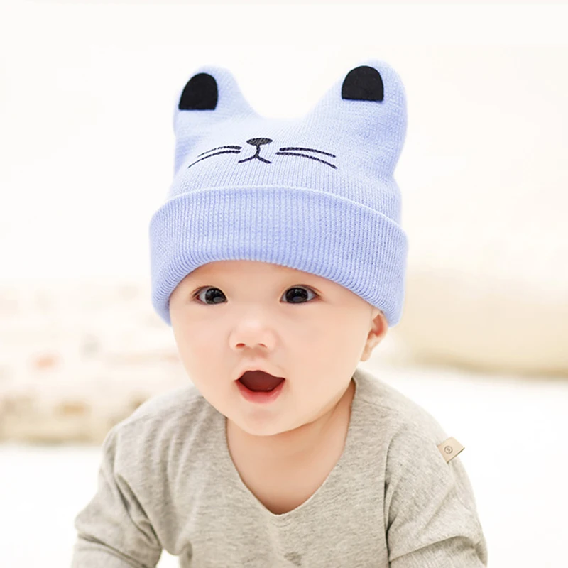 Cute Cat Knitted Woolen Baby Hats Turban Warm Bonnet Caps Solid Soft Hat For Childern Girls Boys Elastic Beanies Autumn Winter | Детская