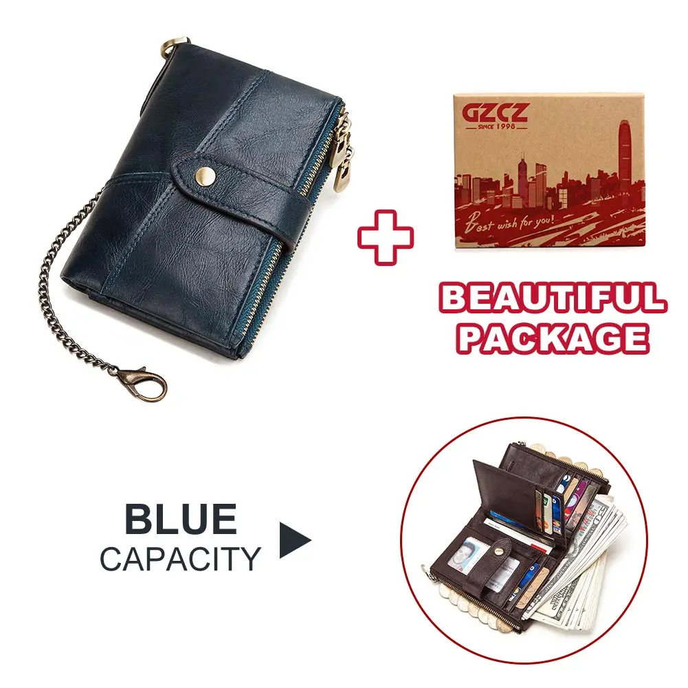 889-blue-chain-box Genuine Leather Women Wallet GZCZ Casual Men Wallet Women Long Wallet In Women`s Wallet and Purses Retro Rfid Women Short Wallet - Цвет: 889-blue-chain-box