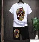 Спортивный костюм мужской летний, Повседневная футболка с коротким рукавом и шорты, мужской спортивный костюм, стразы, комплект из 2 предметов