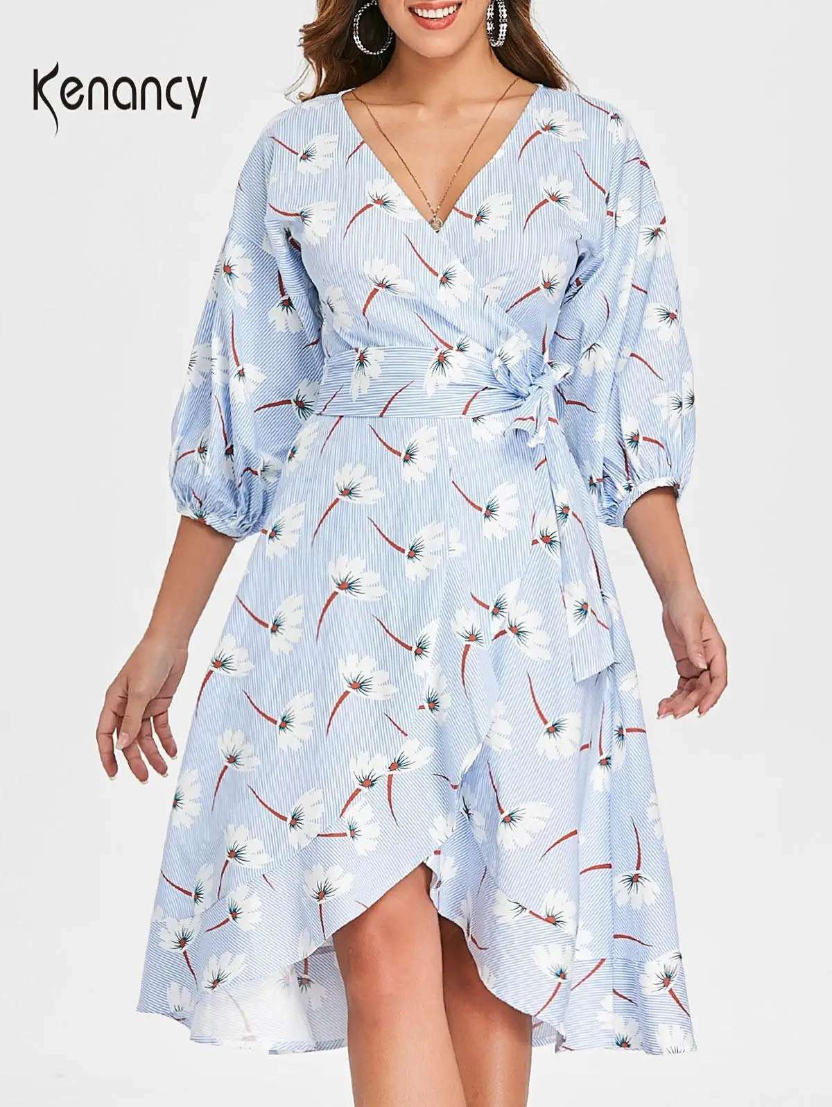 Женское платье в полоску Kenancy с v образным вырезом и пышными рукавами|Женские