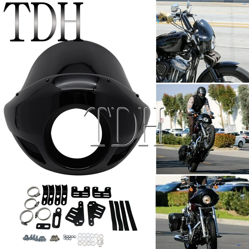 

Black 5.75'' Headlight Fairing Motorcycle 5 3/4" Front Light Cowl Mask 35-49mm Fork Mounting Kit For Harley Dyna Touring Scooter