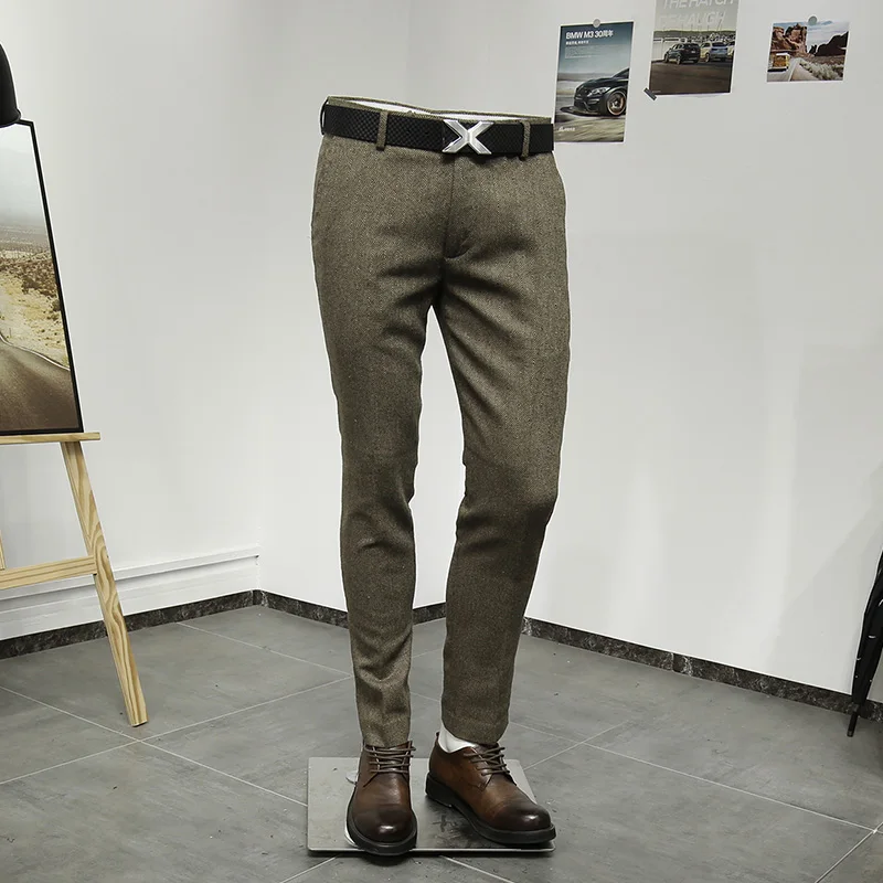 

30% wool men suits long pants slim brown khaki gentleman wear fashion casual wedding groom pant 30 36 plus size