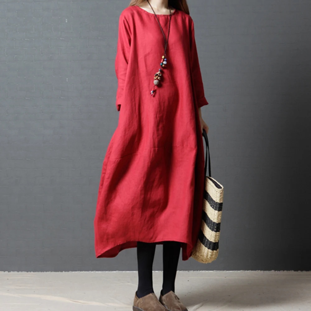 Хлопковые льняные миди платья в японском стиле свободного размера плюс