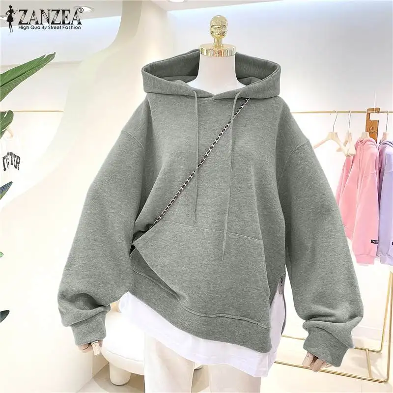 

Women Solid Sweatshirt ZANZEA Fashion OL Hooded Tops 2021 Autumn Winter Patchwork Pullovers Female Casual Baggy Hoodies Oversize