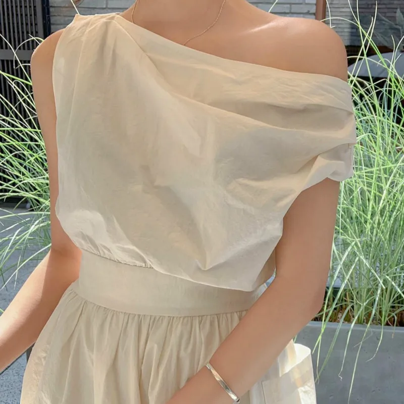 

2020 Women Summer Vintage Slash Neck Sleeveless Zipper Long Tank Dress Elastic Folds-Waist A-line Dresses with Big Pockets