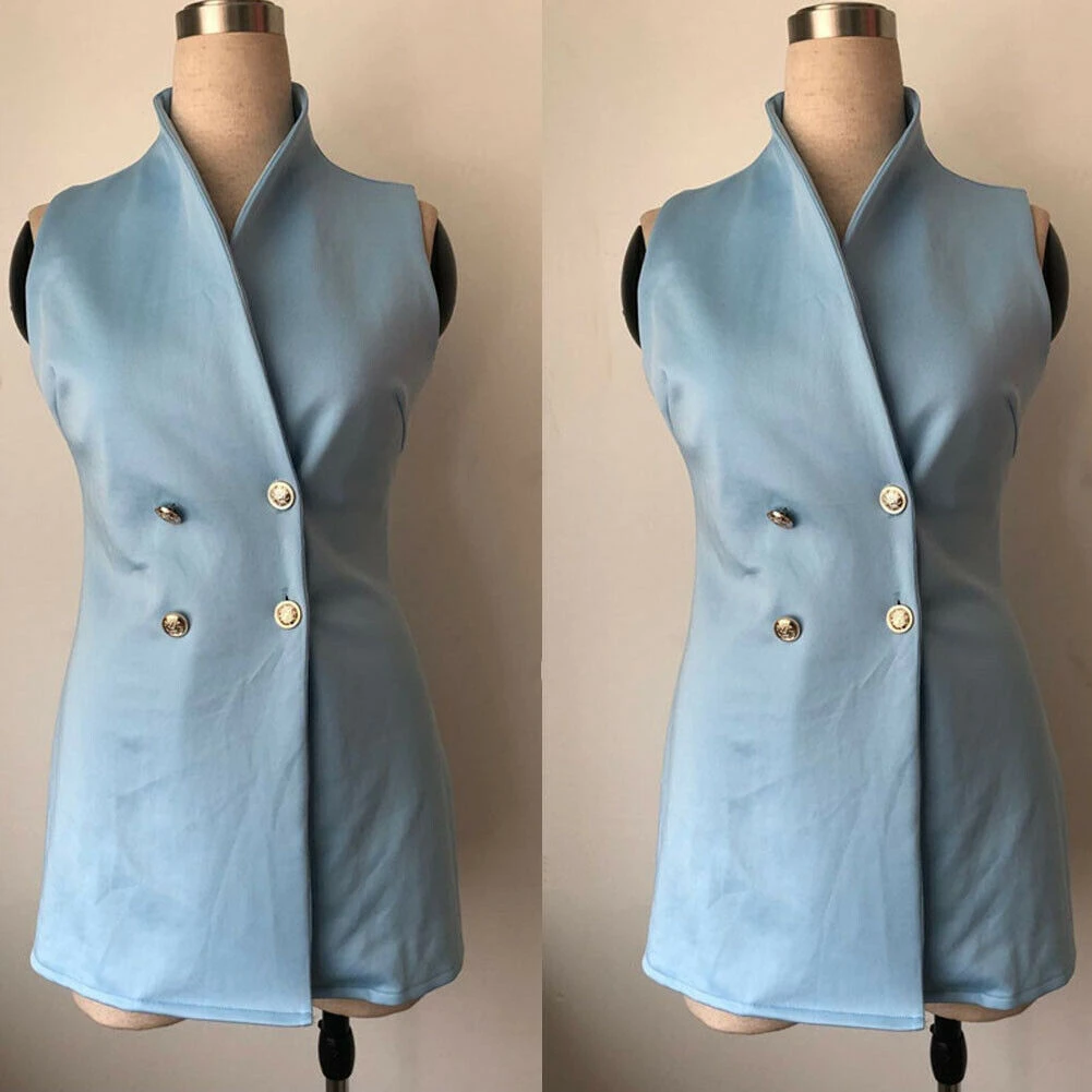 

Women Short Bodycon Collar Blazer Double Breasted Sleeveless Dress Fashion Lady Summer High Waist Work Formal Solid Short Dress