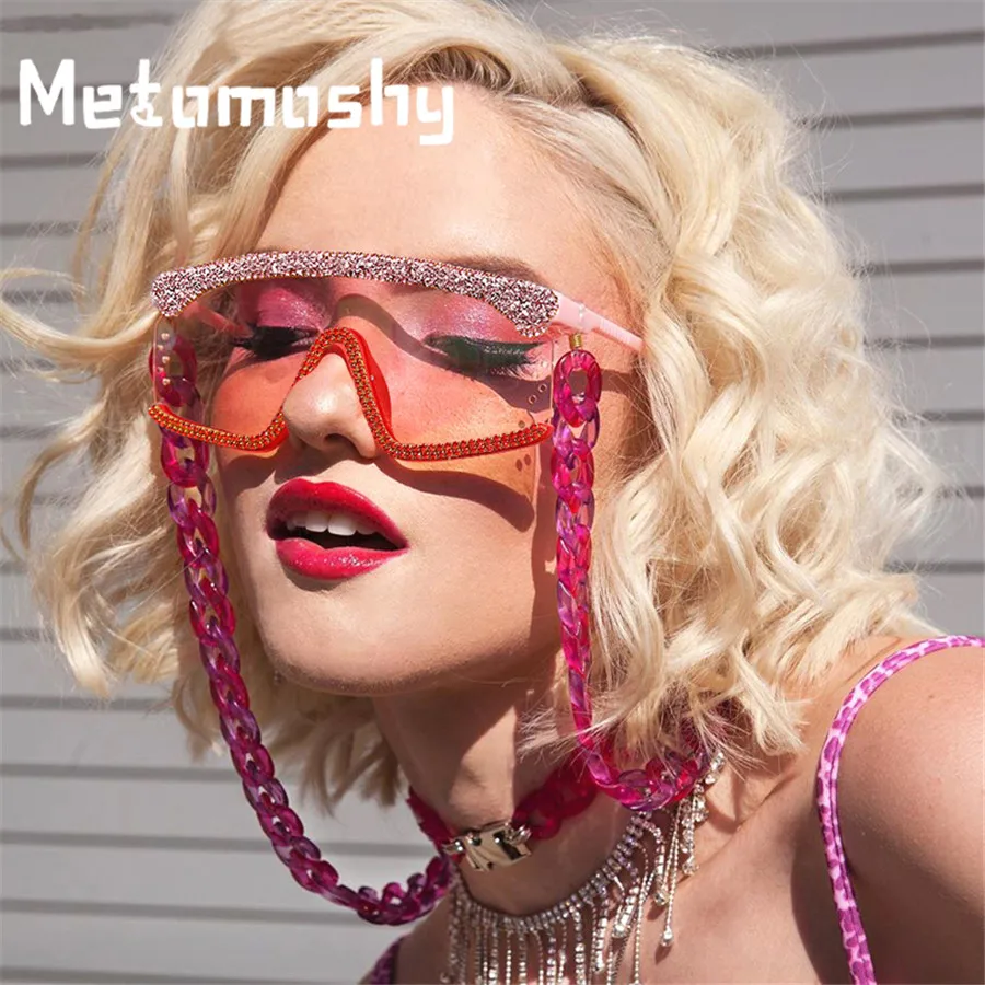 2020 негабаритные солнцезащитные очки для женщин со стеклом цепи One Piece Стразы