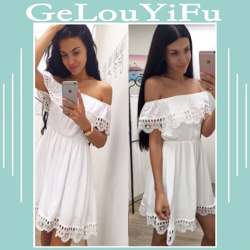 

Off Shoulder Dress Women Elegant Vintage Sweet Lace White Dresses Hollow Out Chic Casual Beach Summer Sundress Female Vestidos