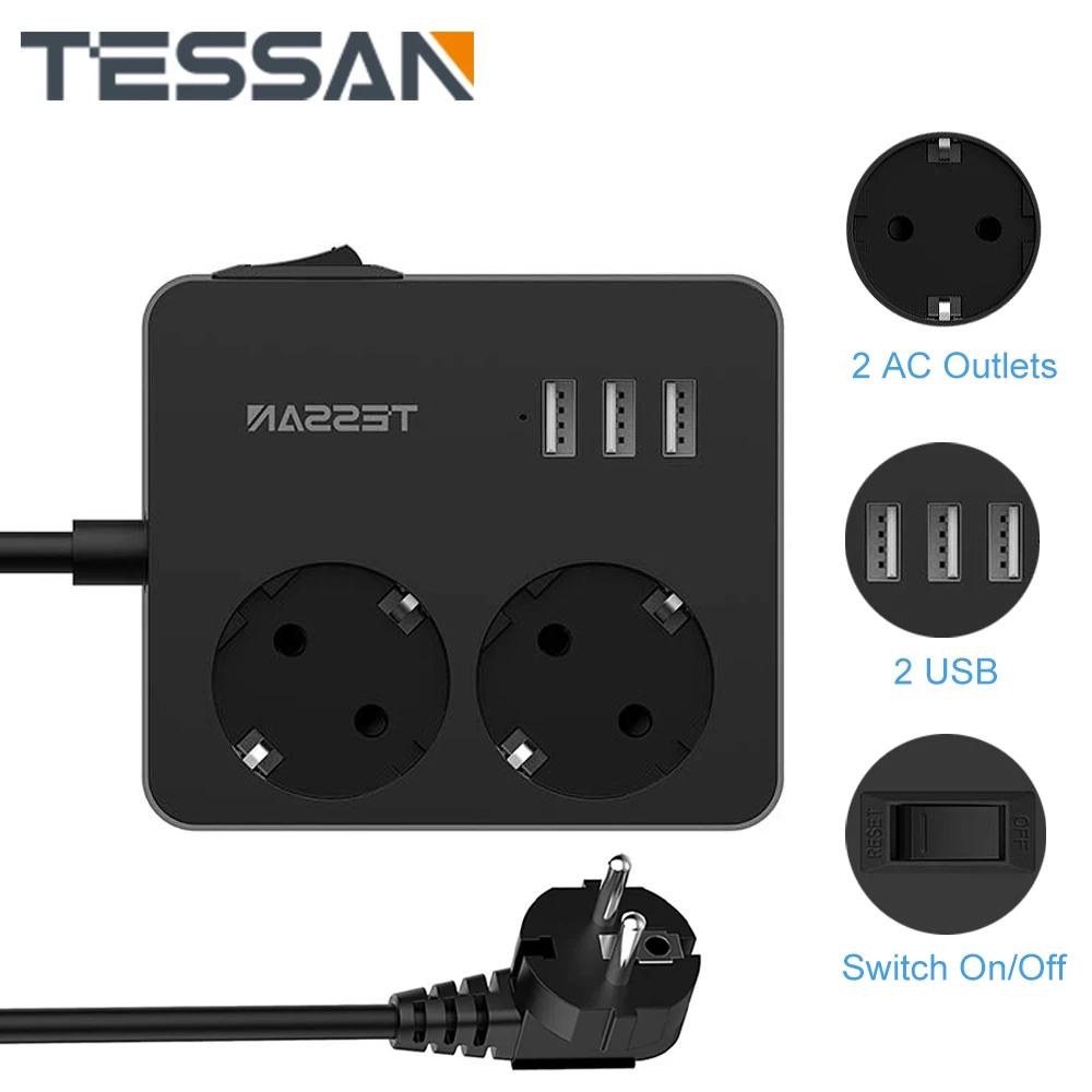 

TESSAN Power Strip with Surge Protection, Travel Multiple Socket with 3 USB Chargers Desk Sockets with 1.5m Extension Cord