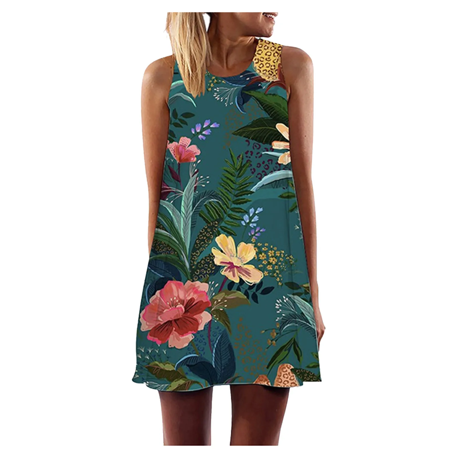 

2021 Women Vintage Boho Summer Sleeveless Beach Printed Short Mini Dress O Neck Beach Wear Loose Mini Dress Mujer