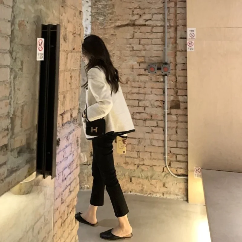 Корейская женская белая твидовая Базовая куртка пальто одежда верхняя Стиль