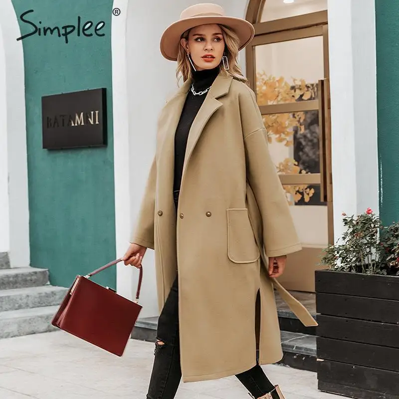 Simplee Elegant office ladies long blend coat Sashes pockets autumn winter female overcoats Long sleeve outwear tweed women | Женская