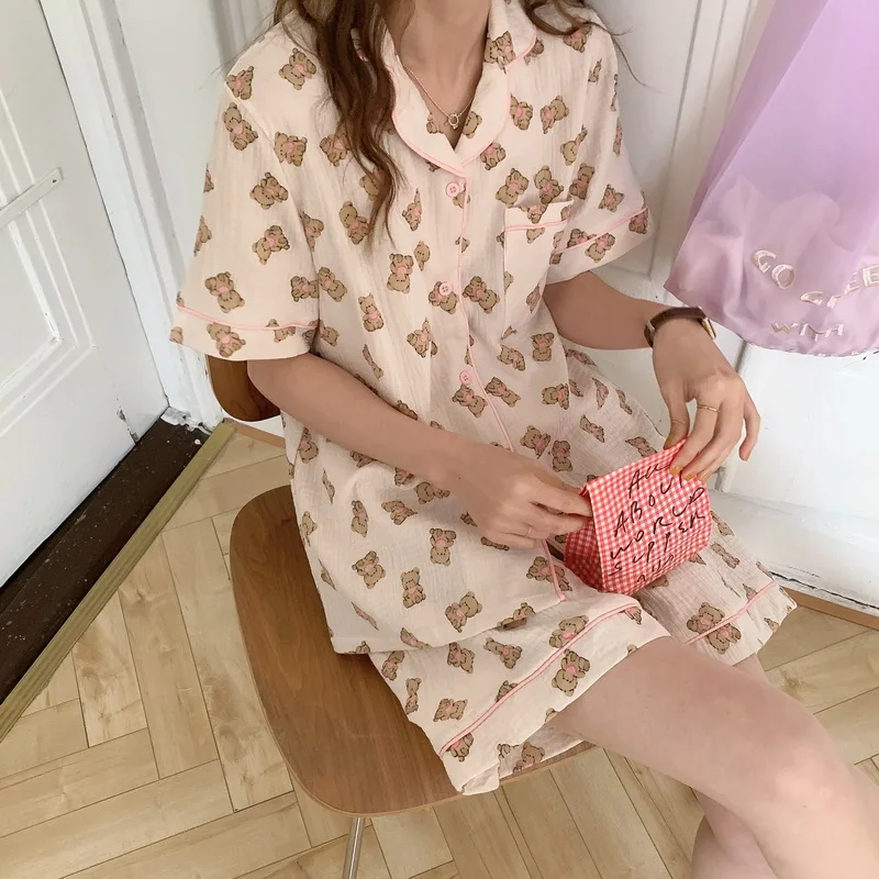 

Cartoon Print Summer Home Suit Women Single Breasted Shirts + Shorts Set Two Piece Pajamas Set Kawaii Bear Loose Casual Cotton