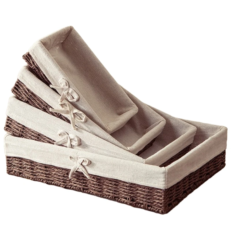 

Rustic Wicker Fruit Bread Storage Basket Vintage Faux Rattan Woven Rectangular Bins Sweet Bowknot Desktop Organizer
