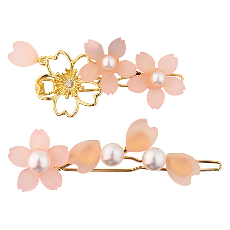 

Sweet Pearl Japan Cherry Blossoms Hair Clip Pink Acrylic Metal Headwear Hairpin for Women Girls Accessories 1pc
