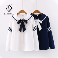 2021 spring new women cotton sailor collar full sleeve blouse with bow girl sweet jk short shirt striped autumn casual tops t113