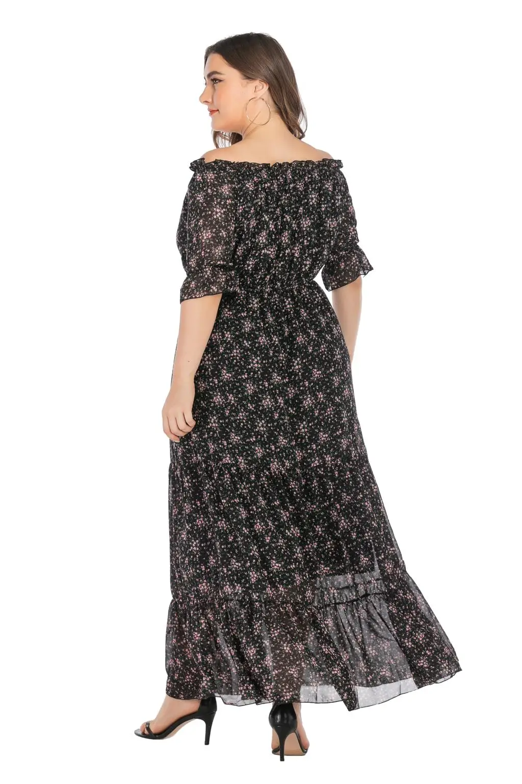 

Off Shoulder Dress Plus Size 2021 Summer Women Slash Neck Floral Print Ruffles Chiffon Boho Dress Maxi Long Tunic Beach Dresses
