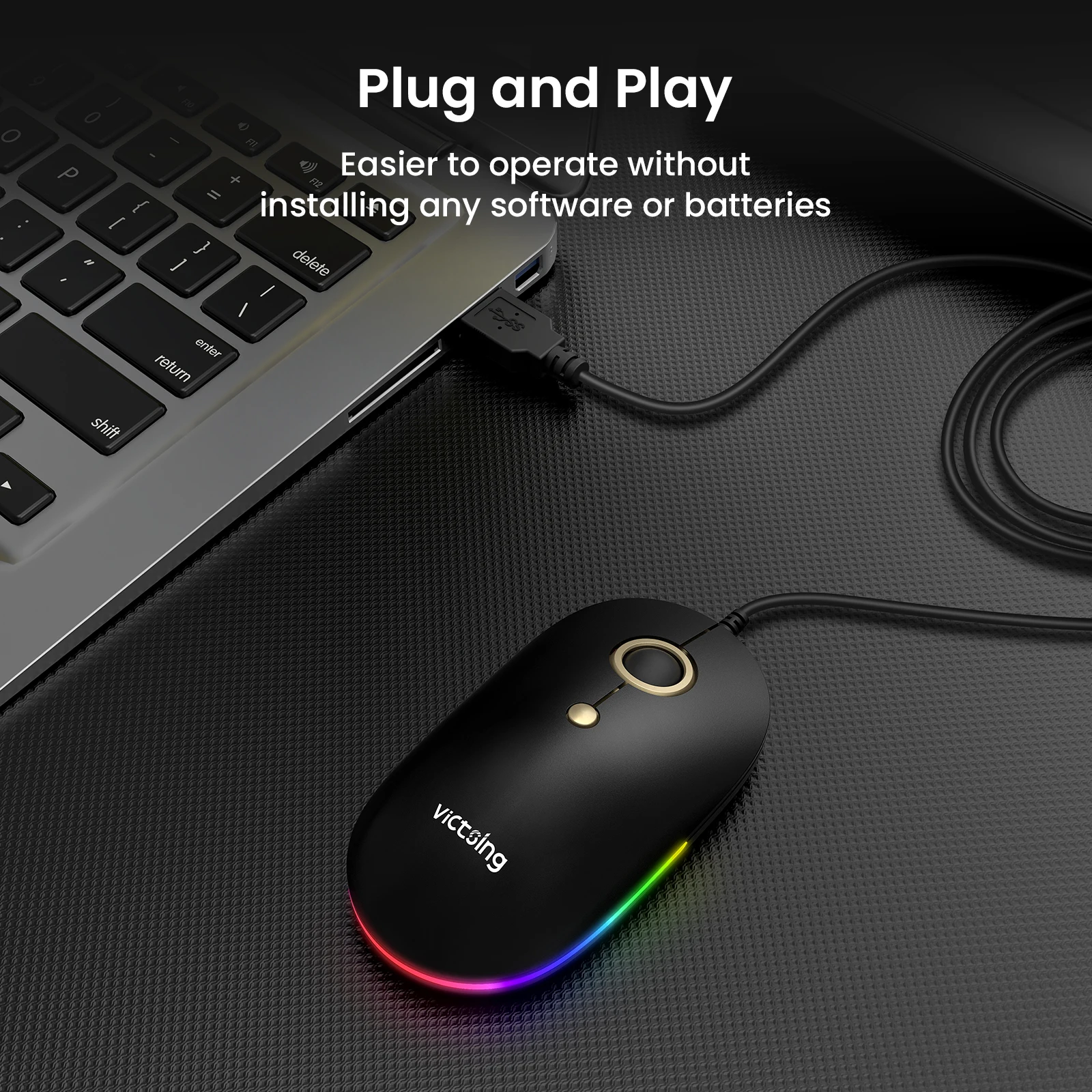 

VicTsing PC297 5 RGB Backlight Silent Slim Mouse 1600 DPI 3 Buttons USB Wired for Laptop PC Notebook Macbook
