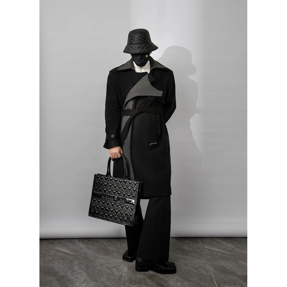 

2022 Contrast color design winter woolen coat men's mid-length high sense of windbreaker men's tweed coat winter wear