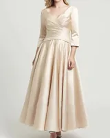 Champagne A-Line Mother of the Bride Dress 2022 Elegant V Neck Ankle Length Satin Bridal Pary Gown Robe De Soiree Mariage