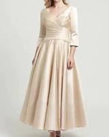 champagne a line mother of the bride dress 2022 elegant v neck ankle length satin bridal pary gown robe de soiree mariage