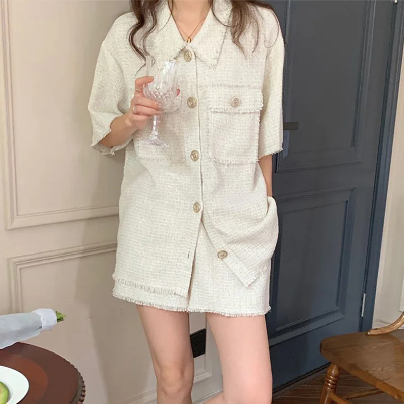 

Sister Fara Buttons Tassel Short Sleeve Shirt Women's Summer Suit+High Waist Loose Straight Shorts Female Casual Two Piece Suit