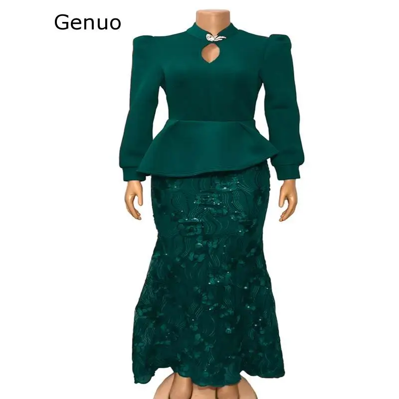 

Sequins Embroidery Bodycon Dress Women African Clothes Evening Party Dress Long Sleeve Ruffles Fishtail Long Dress Autumn Winter
