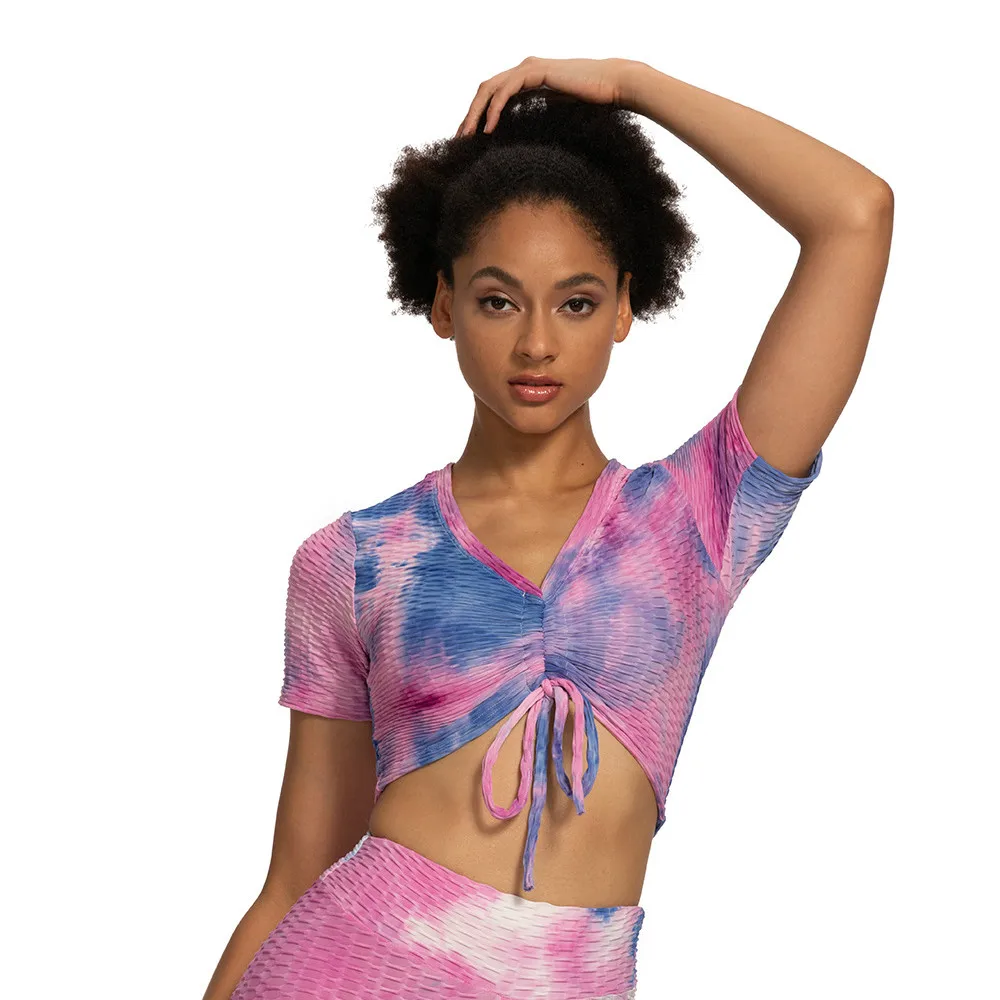 

Tie Dyed Yoga Tops Sports Short Sleeve Workouts Crop Top Gym Ruched Fitness Clothing Drawstring V Neck Womens Active Wear Custom