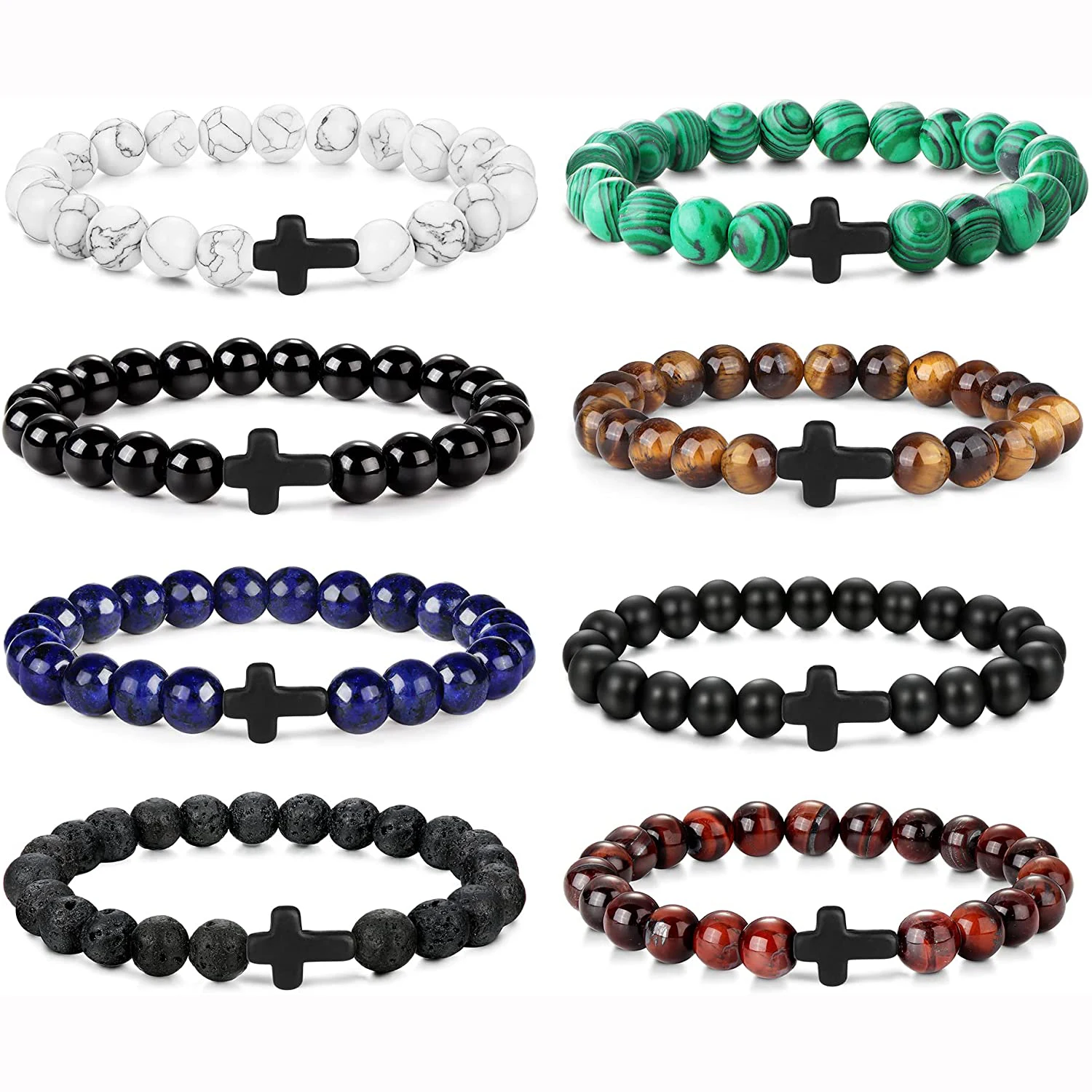 

Sevenstone8 Pcs Cross Bead Bracelets for Women Men 8mm Stretch Elastic Set Stone BraceletChakra Yoga Jewelry