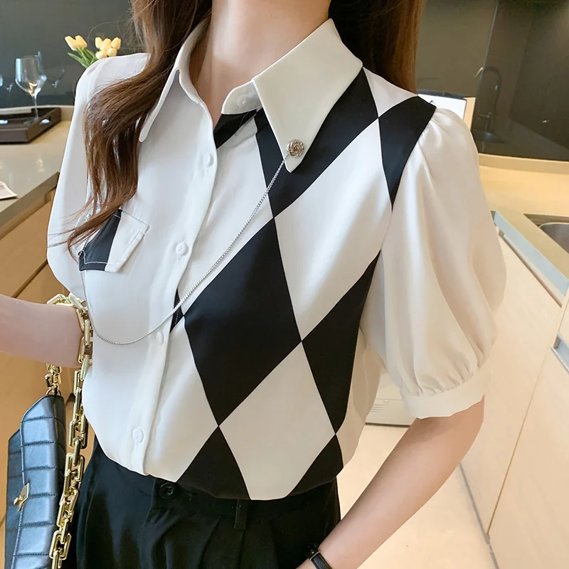 

Chiffon Shirts Women 2021 Summer Korean Short Sleeve Chain Shirt Blouse Single-Breasted Top Shirt Office Lady Chic Shirt