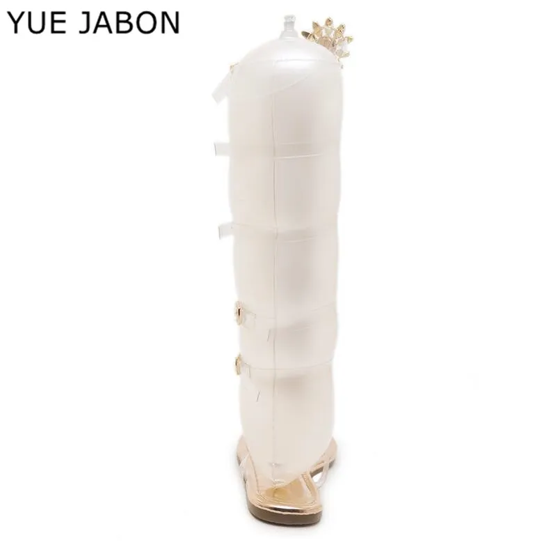 Женские ботинки-гладиаторы золотые сапоги до колена на плоской подошве с