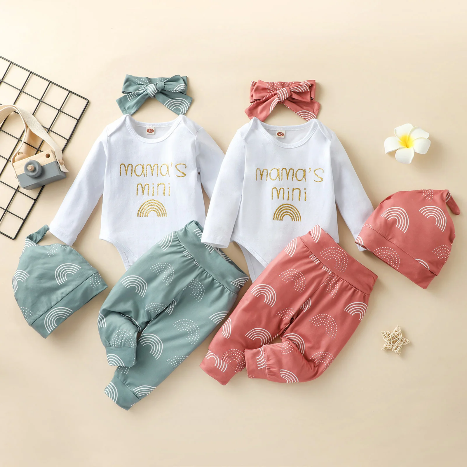 

Newborn Baby Girls Clothes Infant Boys Fall Set Cotton Letter Rainbow Romper Top+Pants+Headband+Hat Spring Outfits Suit